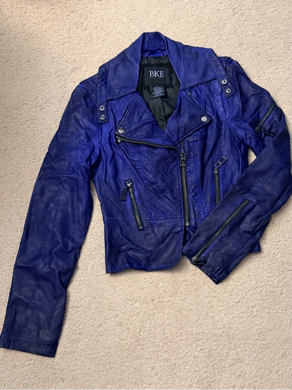 BKE Women's Deep Blue Leather Moto Jacket